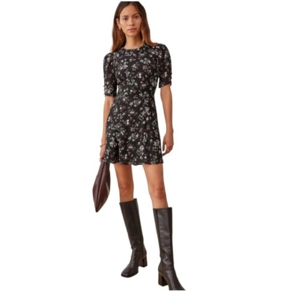 Reformation Black Floral Puff Sleeve Tie Back Mini Dress Size 2 Made in USA